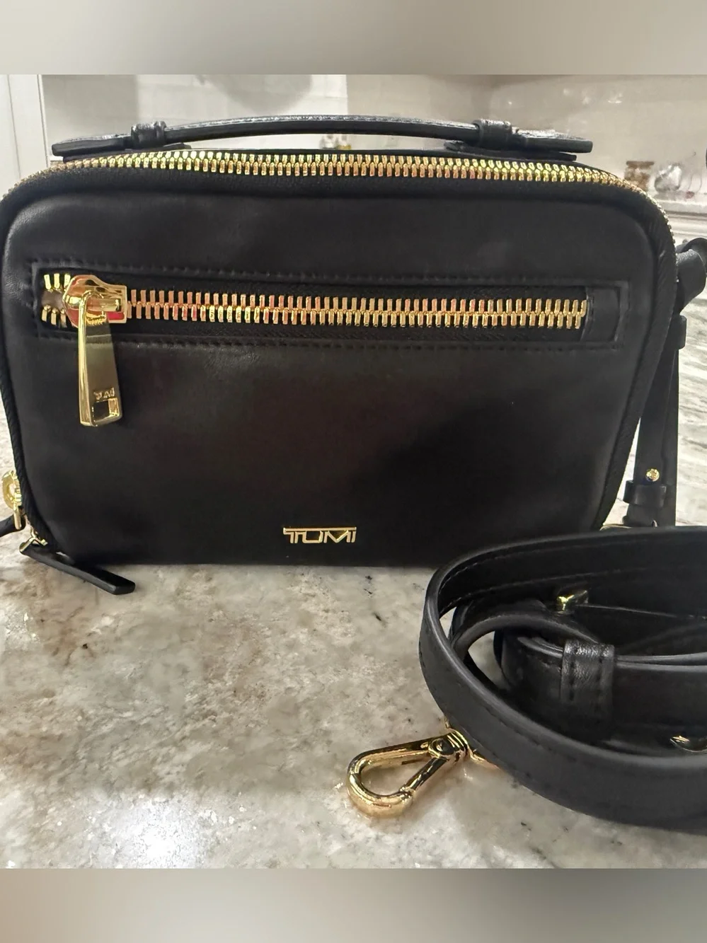 TUMI Voyageur Marcie Black Leather Crossbody Bag Gold Hardware